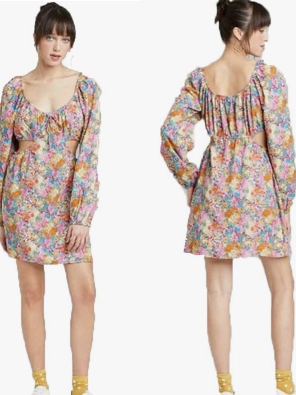 Wild Fable Pink Orange Blue Floral Cutout Mini Dress Long Sleeves